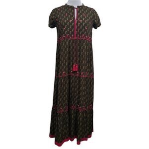 Fusion Printed Cultural Boho Tiered Paisley Midi Dress Olive/Pink Medium NWT